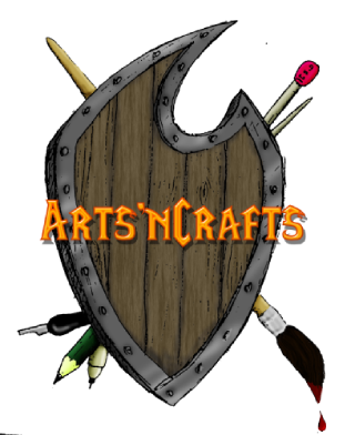 digital artwork of a wooden shield and art supplies made in the style of World of Warcraft with text - Arts 'n Crafts