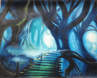drawing of fantasy wooded path in colored pencils