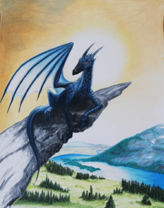 drawing of dragon on rock in colored pencils