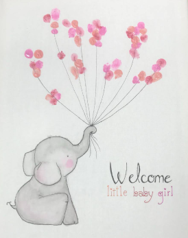 painting of baby elephant holding baloon strings in watercolor and acrylic with text - welcome little baby girl